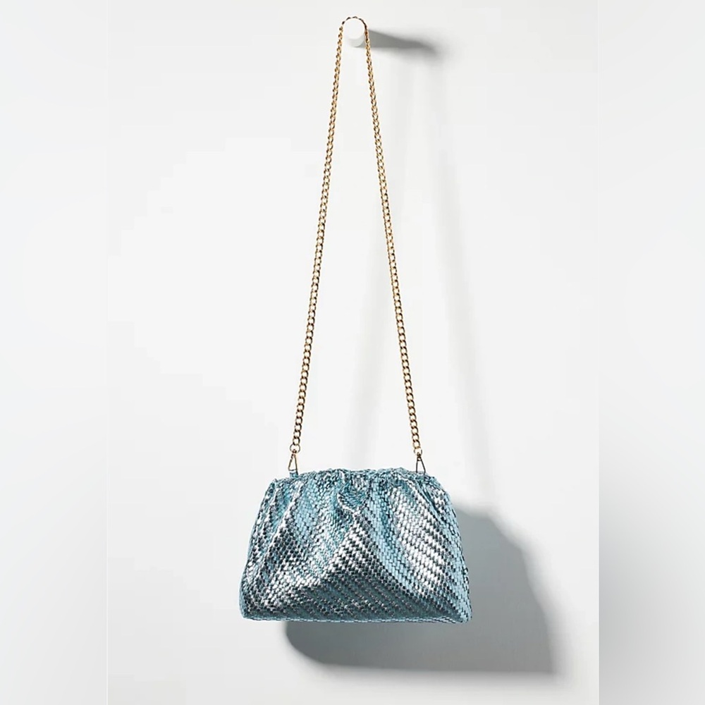 Anthropologie The Frankie Clutch bag woven metallic light blue gold chain